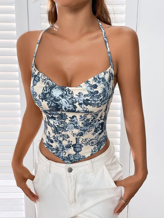 Floral Angle Print Bandana Y2K Crop Tops Cowl Neck Sleeveless Halter Cami Tops