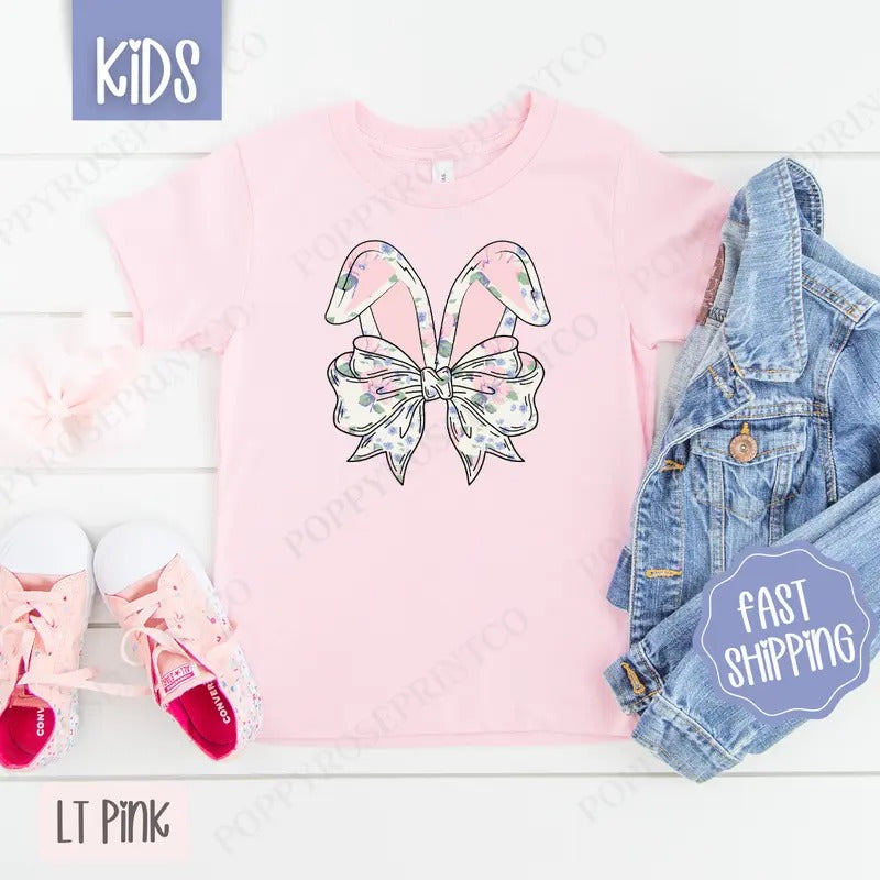 Floral Bunny Bow Kids Shirt - Easter Children's Tshirt - Cute Youth Tee Gildan