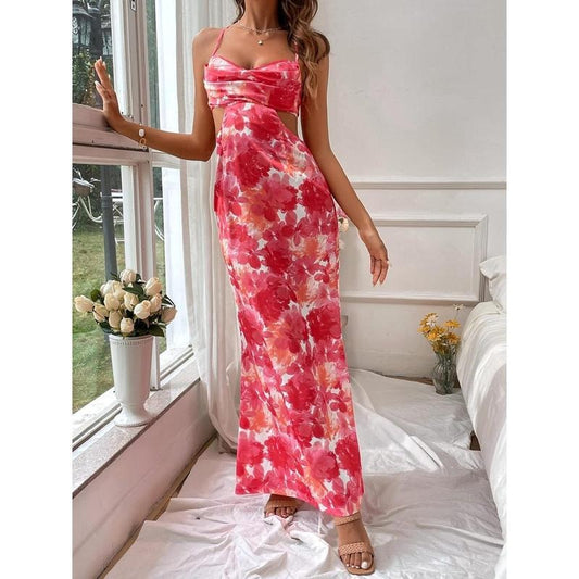 Floral Cut Out Backless Dress Ruched Sleeveless Long Cocktail Party DressesY2K