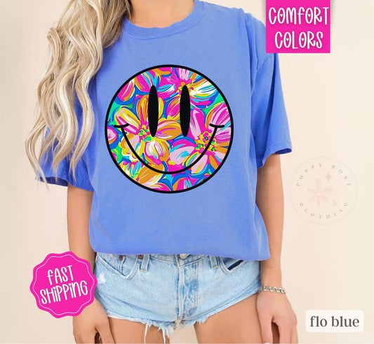 Floral Happy Face Shirt Comfort Colors, Beach Shirt, Summer Shirt, Oversized Graphic Tshirt, Women's Tshirts, Swimsuit Cover, Shirt Dress