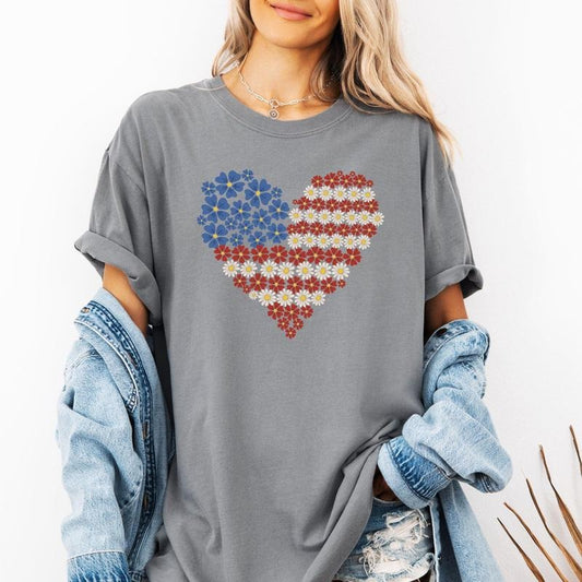 Floral Heart, Patriotic, Red White Blue, USA, America, 4th of July Tshirt, Women's Comfort Colors Tee