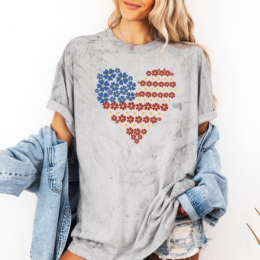 Floral Heart, Patriotic, Red White Blue, USA, America, 4th of July, Color Blast Tshirt Comfort Colors T-Shirt, Women's Comfort Colors Tee