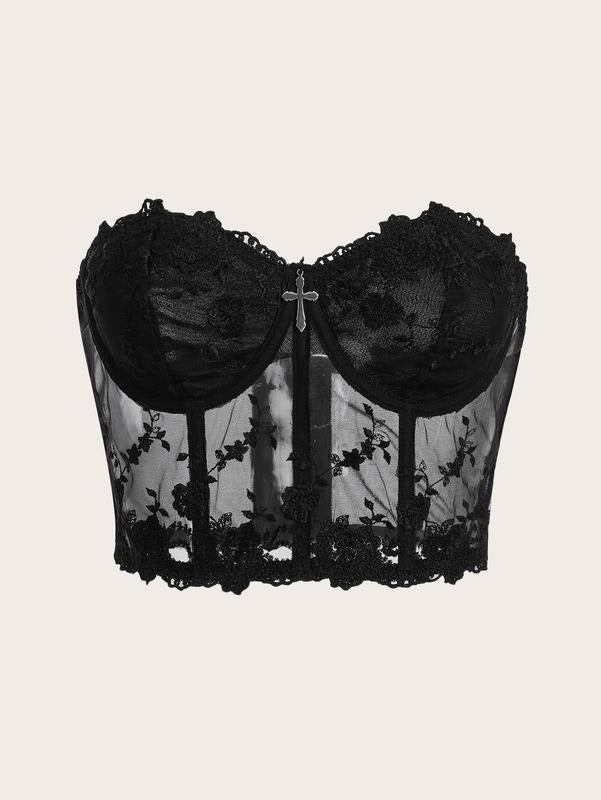 Floral Lace Strapless Sheer Mesh Goth Crop Top Lady Polyester BreathableBustier Tube TopY2K