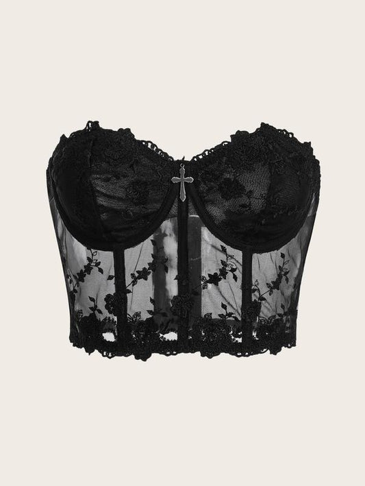 Floral Lace Strapless Sheer Mesh Goth Crop Top Lady Polyester BreathableBustier Tube TopY2K