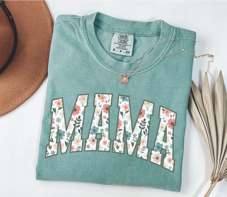 Floral Mama Shirt, Comfort Colors Mom Spring Tee, Trendy Mom Tshirt, Women's Flower Mama Shirt, Spring Pregnancy Reveal Gift for New Mom
