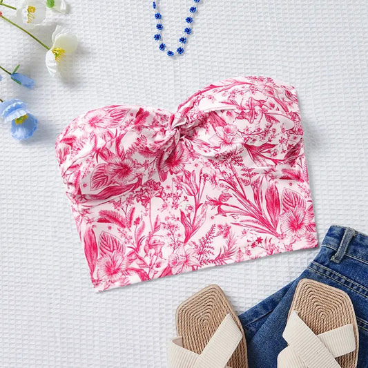 Floral Pattern Twist Front Strapless Bandeau Top Casual Sleeveless Backless Slim Fit Boho Tube Crop Tops