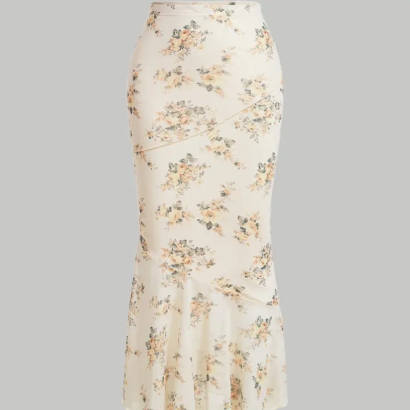 Floral Print High Waist Bodycon Ruffle Hem Fishtail Long SkirtY2K