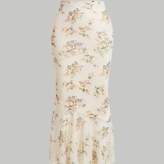 Floral Print High Waist Bodycon Ruffle Hem Fishtail Long SkirtY2K
