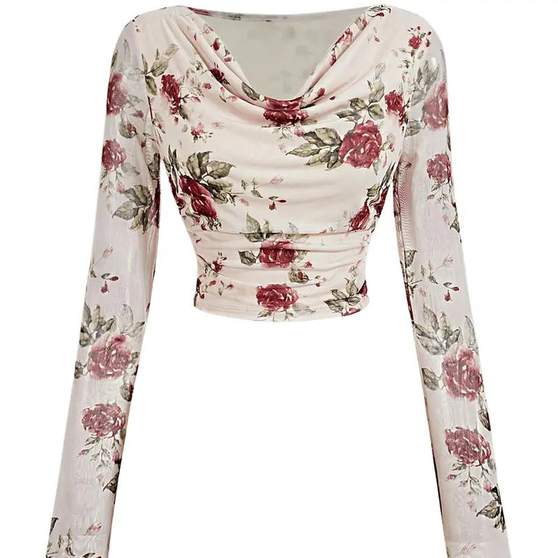 Floral Print Mesh T Shirt Cowl Neck Long Sleeve Ruched Tee Crop Tops