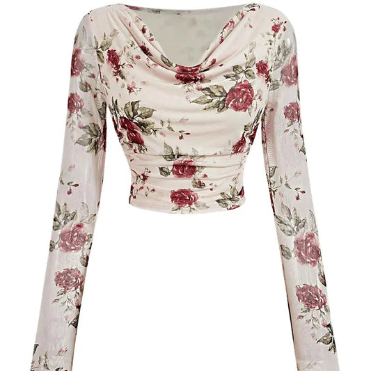 Floral Print Mesh T Shirt Cowl Neck Long Sleeve Ruched Tee Crop Tops