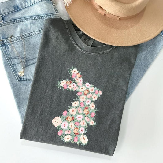 Floral Print Rabbit, Bunny, Easter Comfort Colors Tshirt, Women's Crew Neck, Crewneck