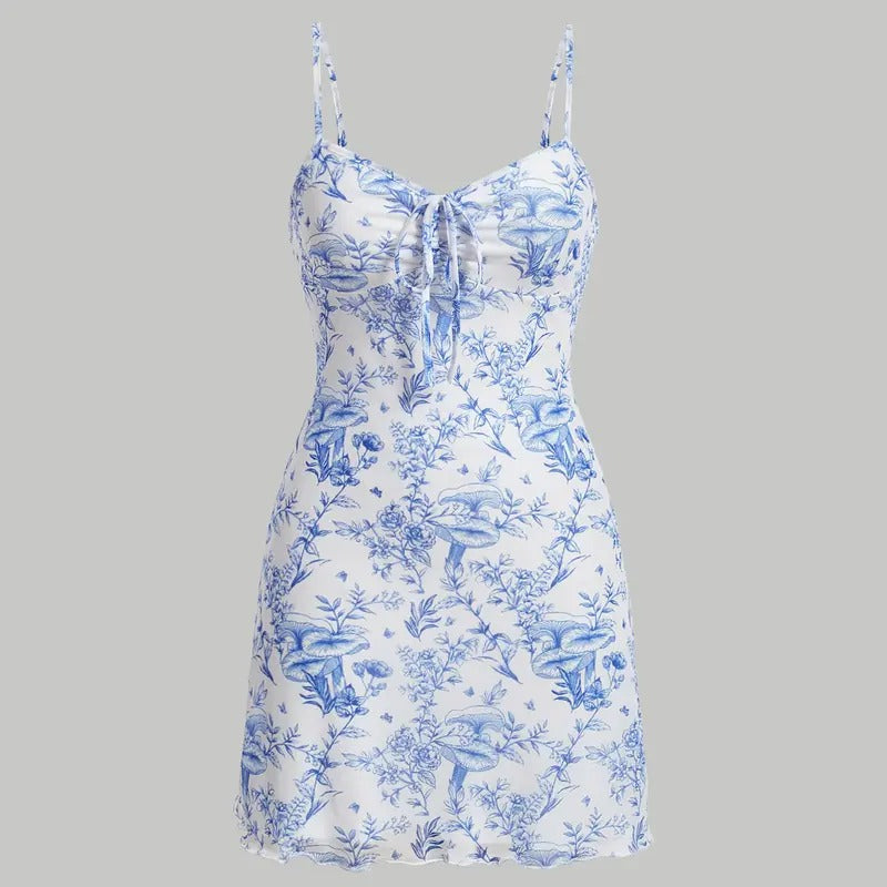 Floral Print Tie Front Spaghetti Strap Cami Dress V Neck Flare Mini Sun Dresses