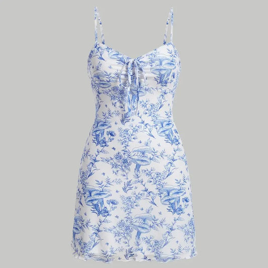 Floral Print Tie Front Spaghetti Strap Cami Dress V Neck Flare Mini Sun Dresses