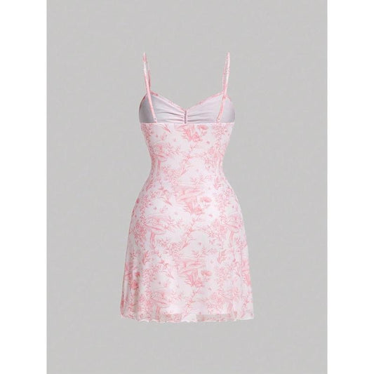Floral Print Tie Front Spaghetti Strap Cami Dress V Neck Flare Mini Sun DressesY2K