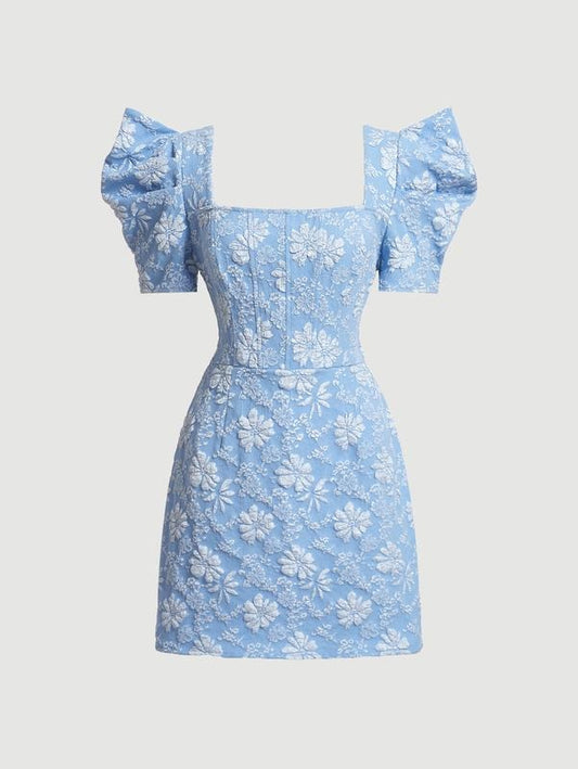 Floral Square Neck Puff Short Sleeve Mini Dress High Waist Summer Boho Short DressesY2K