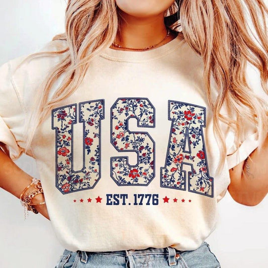 Floral USA tshirt, Retro America tshirt, 4th Of July tshirt, 4th Of July Sublimation Design, America Coquette sweatshirt, Patriotic hoodie, Girly tshirt