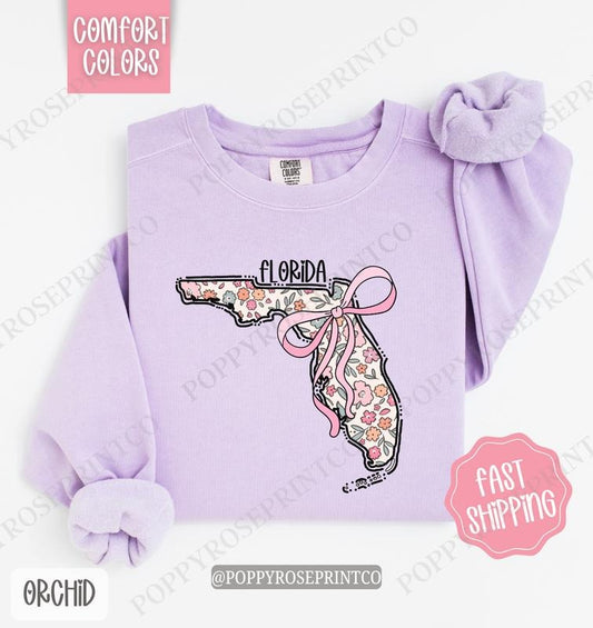 Florida Floral Comfort Colors Sweatshirt, Florida Sweatshirt, Cute Bow Florida Sweatshirt