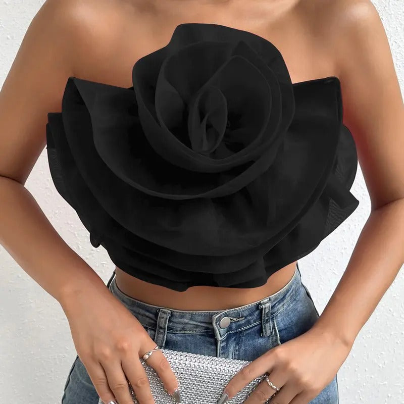 Flower Front Crop Tube Top Sleeveless Strapless Solid Shirred TopsY2K