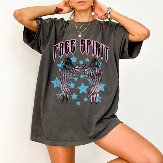 Free Spirit, Wings, Rock, Grunge, Stars, Concert Tee, 80s Rock Music, Tshirt, Women's Comfort Color Tee, Tshirt