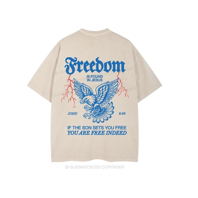 Freedom Is Found In Jesus Christian Washed T-Shirt Pure Cotton Fabric Casual Streetstyle Crew Neck Short Sleeve Soft-Washed T-Shirt Trendy Tops for Women for Men, Perfect Gift