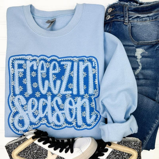 Freezin' Season FAUX Embroidery Gildan Sweatshirt -- Light Blue