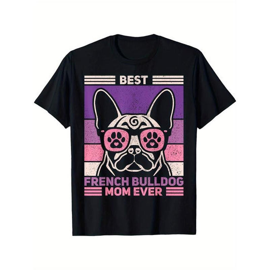 French Bulldog Mom Themed Cotton T-Shirt, Casual Crew Neck, Non-Stretch Knit Fabric, Regular Fit, with Cartoon Dog made in usa