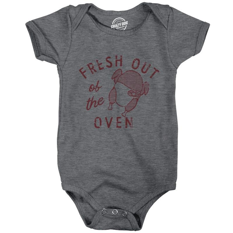 Fresh Out of the Oven Baby Bodysuit Funny Cute Thanksgiving Turkey Cooked Dinner Jumper for Infants Funny Baby Onesies Thanksgiving Onesie for Baby Funny Food Onesie Novelty Onesie Dark Grey