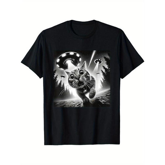 Fun cat UFO print, men's casual short-sleeved round neck cotton T-shirt, breathable and comfortable, suitable for spring and summer made in usa