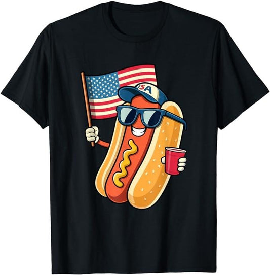 Funny 4th of July Shirts For Men, 4th of July Hotdog Funny Fourth of July Patriotic USA Flag T-Shirt Menswear Top Casual Cotton