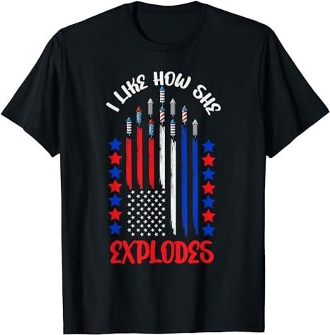 Funny 4th of July Shirts For Men, I Like How She Explodes Fireworks T-Shirts Menswear Top Casual Cotton Basic Fashion