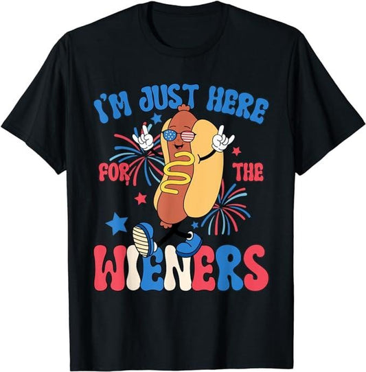 Funny 4th of July Shirts For Men, I'm Just Here For The Wieners 4th Of July Hot Dog T-Shirt Menswear Top Casual Cotton Fashion Basic