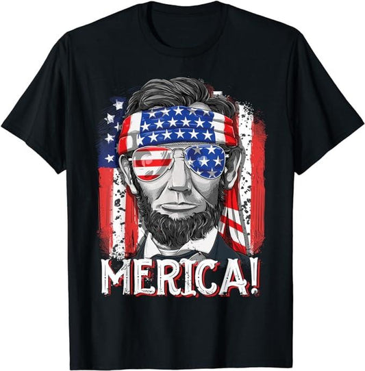 Funny 4th of July Shirts For Men, Lincoln 4th Of July Merica Abe American Flag T-Shirt Menswear Top