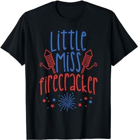Funny 4th of July Shirts For Men, Little Miss Firecracker Funny 4th Of July Patriot Girls Gift T-Shirt Menswear Top Casual Cotton Tee Unisex