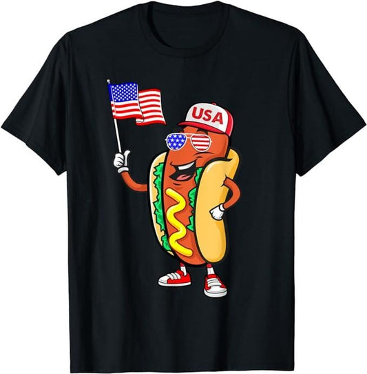 Funny 4th of July Shirts For Men, Patriotic Hot dog American Flag USA Funny 4th Of July Fourth T-Shirt Menswear Top Casual Cotton Casual Cotton