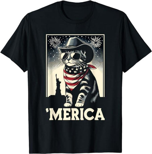 Funny 4th of July Shirts For Men, USA 'Merica Cat 4th of July Funny Patriotic T-Shirt Menswear Top Casual Cotton Fashion Basic