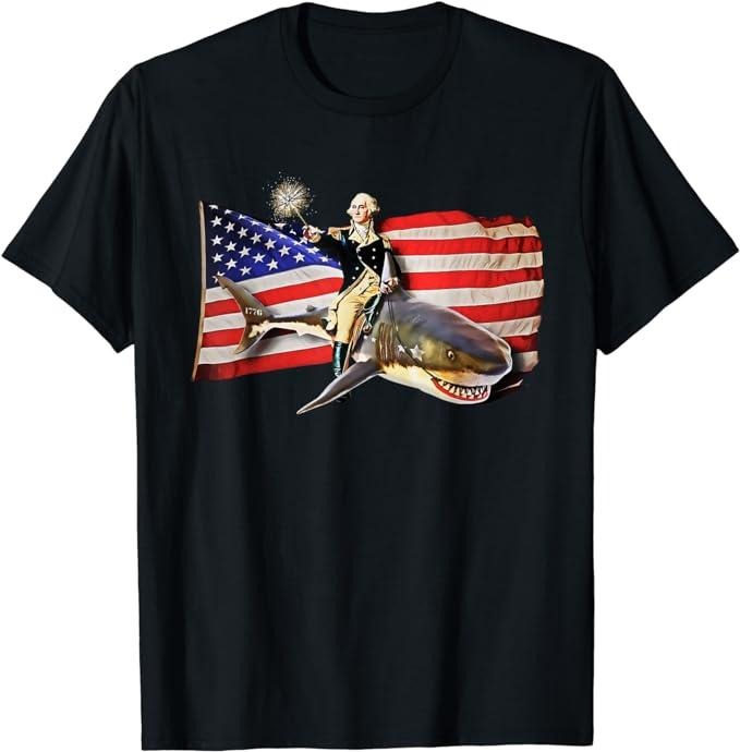 Funny 4th of July Shirts For Men, Washington Riding Shark T Shirt Funny July 4th American Flag T-Shirt Menswear Top Casual Cotton