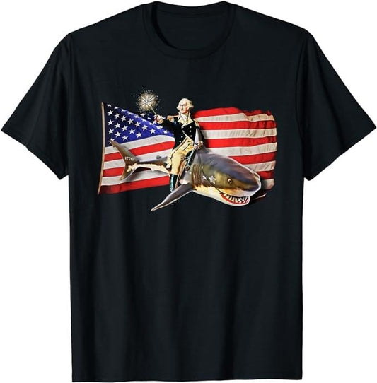 Funny 4th of July Shirts For Men, Washington Riding Shark T Shirt Funny July 4th American Flag T-Shirt Menswear Top Casual Cotton