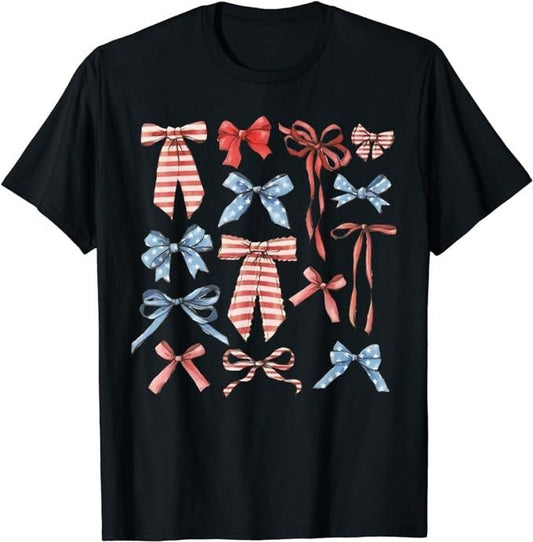 Funny 4th of July Shirts For Women, Red White And Blue American Coquette Bows Funny 4th Of July T-Shirt Top Casual Cotton Smooth Womenswear