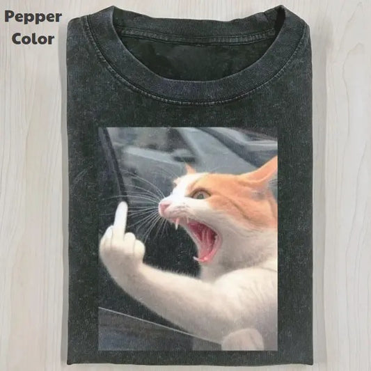 Funny Animal Vintage Graphic Tee, Grumpy Cat Middle Finger T-Shirt, Animal Shirt, Unisex Meme Cringe Funny Shirt, Menswear Womenswear Streetwear Cotton Comfort