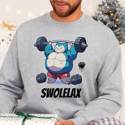 Funny Anime Workout Sweatshirt - Muscle Tee Featuring Cute Character with "SWOLELAX" Text, Ideal for Gym Lovers and Fitness Enthusiasts
