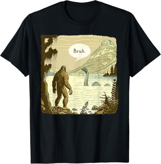 Funny Bruh Shirt, Funny Bigfoot Sasquatch Loch Ness Bruh T-Shirt - Menswear Top