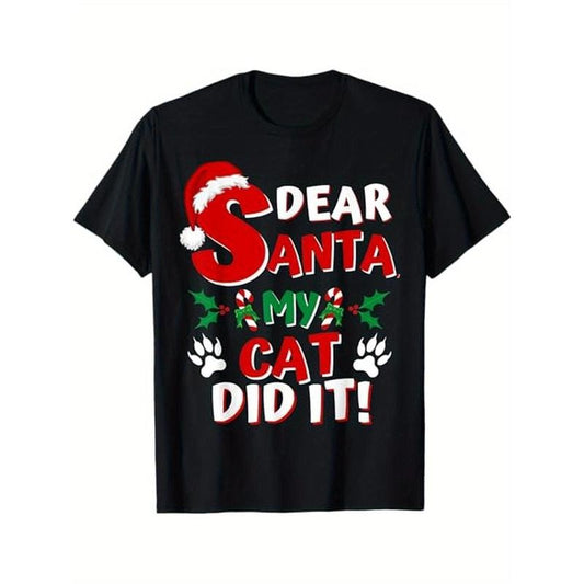 Funny Cat Christmas Shirt Dear Santa My Cat Did It Pajama T-Shirt, 100% Cotton, Gift for Men Women Dad Mom Friends, S-XXXL, Black  made in usa