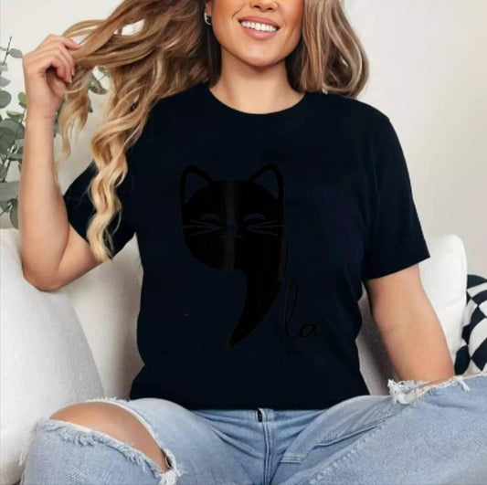 Funny Cat Comma La T-Shirt | Cotton 100%, Crewneck, Top Womenswear