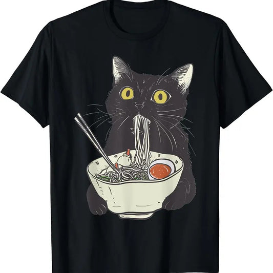 Funny Cat Eating Ramen Vintage Japanese Noodles T-Shirt | Tee for Men & Women | Cotton