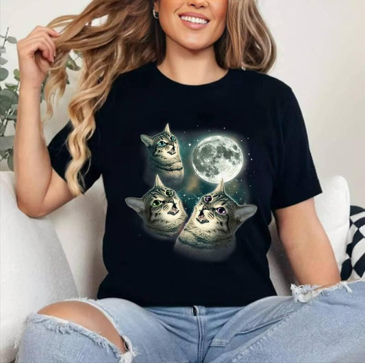 Funny Cat Shirt Three Cat Moon 3 Wolfs Cute Kitten Graphic T-Shirt , Unisex Cotton, Crewneck, Top Womenswear
