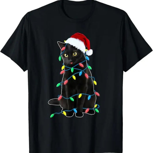 Funny Cat Shirts, Black Cat Christmas Tree Lights Funny Santa Kitten Led Light T-Shirt - Menswear Top