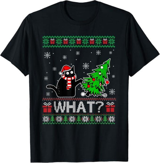 Funny Cat Shirts, Cat What Funny Black Cat Pushing Christmas Tree Ugly Xmas T-Shirt - Menswear Top