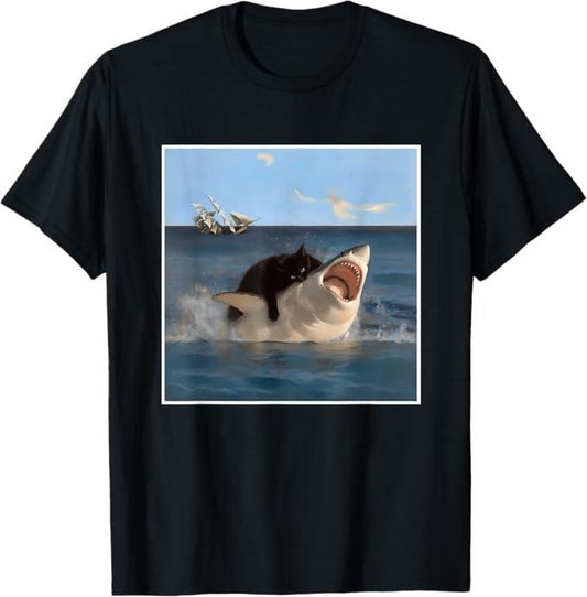 Funny Cat Shirts, Funny Art & Cat Lover Quote Cat Biting Shark Cool Fat Cat T-Shirt - Menswear Top