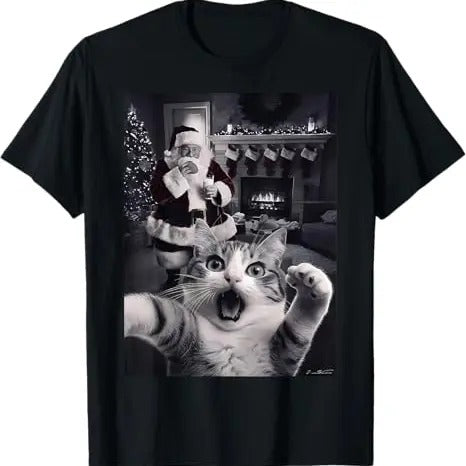 Funny Cat Shirts, Funny Cat Selfie With Santa Christmas T-Shirt - Menswear Top