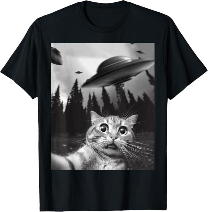 Funny Cat Shirts, Funny Cat Selfie with UFOs T-Shirt - Menswear Top